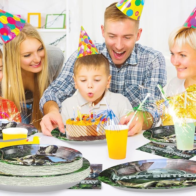96Pcs Dinosaur Birthday Party Decorations Dinosaur Plates and Napkins Disposable Dino Paper Tableware Set for Dino Theme Jungle Birthday Baby Shower Party Supplies, Serves 24