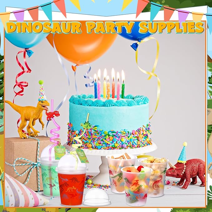 Qinyoung 48 Set Dinosaurs Party Supplies Dinosaur Cups Party Favors Goody Cups with Gift Tags 12 oz Plastic Dino Cup with Lids and Straws Set for Party Decorations