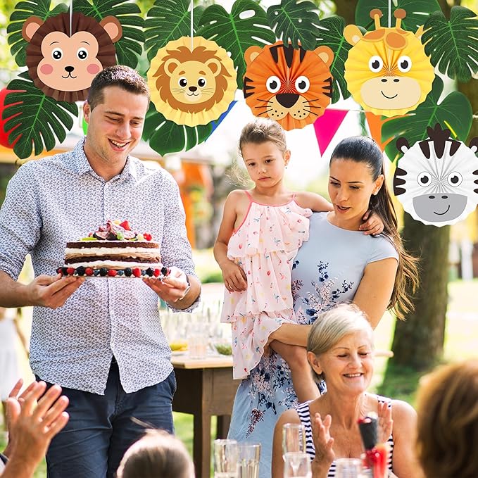 20 Pcs Jungle Animal Hanging Paper Fans Decorations, 12 Inches, Jungle Safari Animal Theme Paper Fan Ceiling Decoration for Safari Wild Zoo Baby Shower Birthday Party Decor