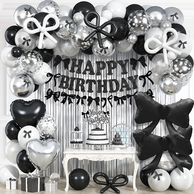 Black Bow Birthday Decorations, Coquette Bow Black and White Silver Balloons with Happy Birthday Banner Fringe Curtain Cake Toppers for Women Girls Baby Shower Party Supplies