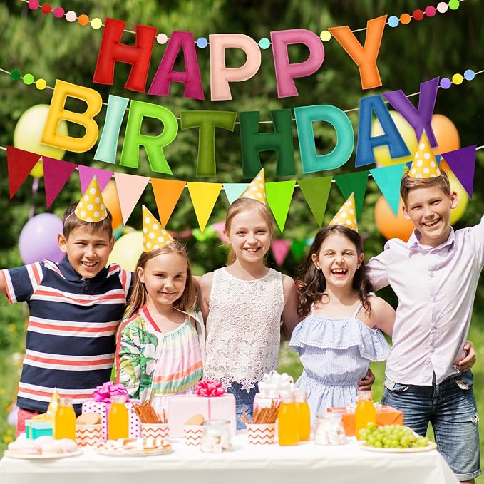 Pre-Strung Happy Birthday Banner - Rainbow Birthday Decorations, 3PCS Felt Birthday Day Sign,Ball Garland,Triangle Bunting,Reusable Colorful Banner for Party Decor Girls Boys Kids Women Men
