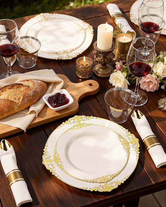 Nervure 175PCS Ivory Plastic Plates - Ivory Gold Plastic Dinnerware Sets for 25 Guests - 50 Gold Disposable Plates, 25 Pre Rolled Cutlery Set, 25 Cups Perfect for Wedding, Party & Mothers Day