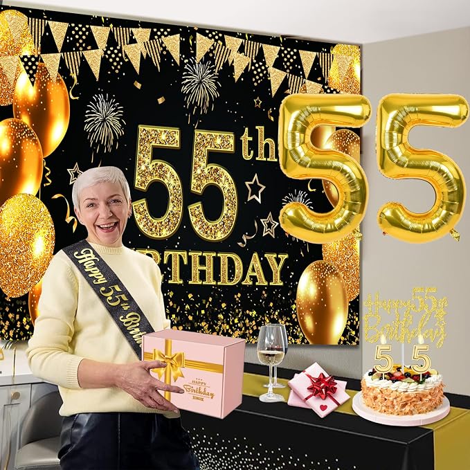 55th Birthday Decorations for Men Women with 55th Birthday Banner, Black and Gold Table Cloth, Number Balloons, Large Sash, Cake Topper and Candles
