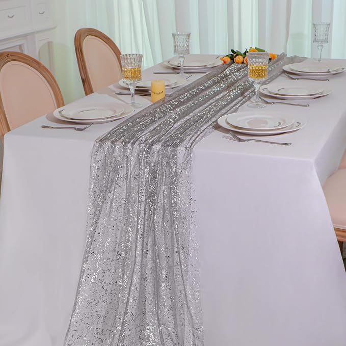 Snowkingdom Silver Gray Table Runner 10FT, Sheer Sparkly Shiny Glitter Sparkle Cheesecloth Tulle Elegant Centerpiece Modern Dining Decor for Wedding Party Bridal Shower Birthday Christmas New Year