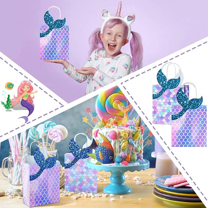 Leinuosen 32 Pcs Mermaid Party Favor Bags Mermaid Gift paper Bags with Handles Princess Theme Birthday Decoration Treat Candy wrap packs for Baby Shower Birthday Pool Party Supplies