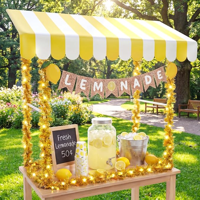 7 Pcs Lemonade Stand Supplies Lemonade Bar Party Decorations with 1 Set Plastic Stand 1 Yellow and White Striped Sunshade Cloth 4 Yellow Tinsel 1 Banner Sign for Outdoors Summer Party Supplies