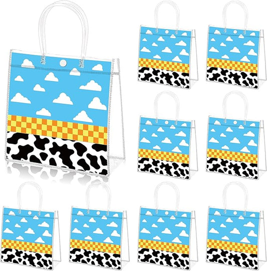 Wood Homing 24PCS Cartoon Story PVC Clear Gift Bag with Handle, Blue Sky White Cloud Cow Reusable Plastic Party Favor Bags for Kids, Toy Inspire Game Themed Goodie Bags Baby Shower Birthday Decoration