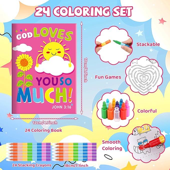 BenLouis 24 Bible Verses Mini Coloring Books Kids with 24 Stacking Crayons Christian Party Favors Activity Books Bulk for Kids Sunday School Religious Church Goodie Bag Gift Stuffer Classroom Reward