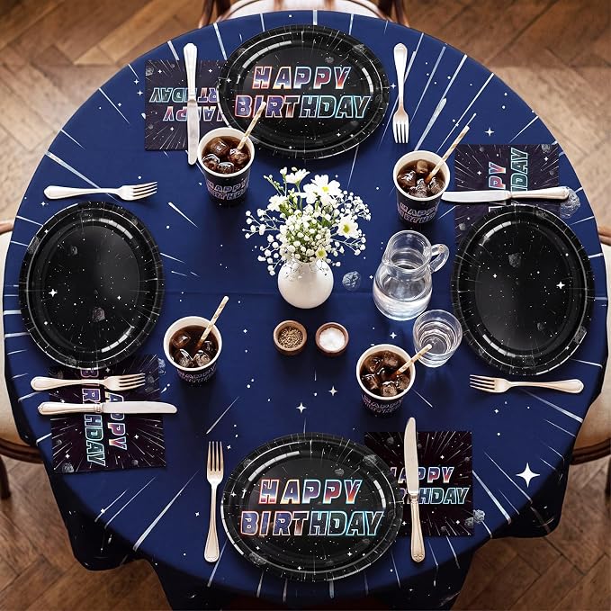 Vesici 150 Pcs Galaxy Birthday Oval Paper Plates and Napkins Set, 10'' x 12'' Large Space Tableware Galaxy Disposable Paper Plate Napkin Cup Set Space Party Supplies for Birthday Party Supplies Decor
