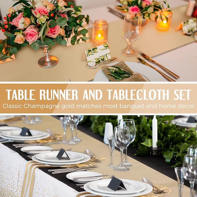 Tudomro 16 Pieces White and Gold Disposable Plastic Tablecloths and Satin Table Runner Set 54x108 Inch Tablecloth 12x108 Inch Table Runners for New Year Wedding Birthday Baby Shower Graduation