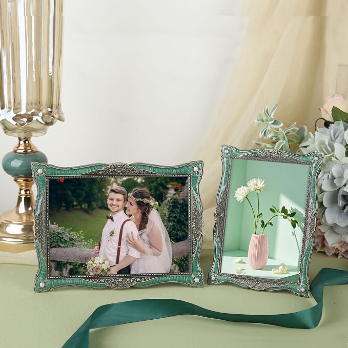 4x6 Vintage Picture Frame Green Metal Emerald Antique Brass Pearl Photo Frame Retro Home Decor, Clear Glass Front, Unique Gifts for Women Wedding Mothers Day, Horizontally & Vertically