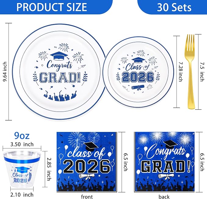 150 Pcs 2026 Graduation Plastic Plates with Disposable Silverware Serves 30 Guests, White Blue Graduation Disposable Plates Including 30 Dinner&Dessert Plates, Cups, Napkins, Gold Forks for Party