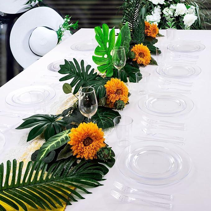 WDF 25 Guest Clear Plastic Plates with Clear Plastic Silverware - Clear Plates and Cups for Party include 25 Dinner Clear Plates, 25Salad Plates, 25Forks, 25Knives, 25 Spoons, 25Cups