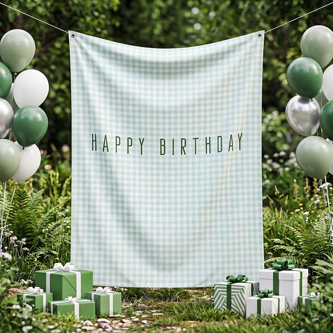Flutesan 7x5ft Green Gingham Happy Birthday Backdrop Large Banner Fabric Tapestry Birthday Party Decoration Baby Shower Linen Rustic Background Wall Photo Props Indoor Outdoor