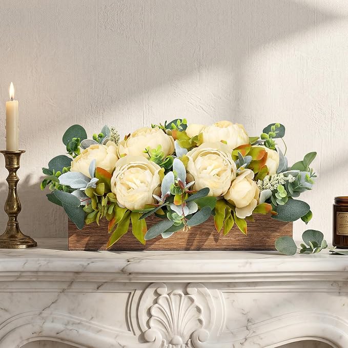 Flower Table Centerpieces for Dining Room, Summer Artificial Peony Table Centerpieces Wood Tray with Fake Flowers for Wedding Living Room Party Bar Kitchen Table(Champagne)