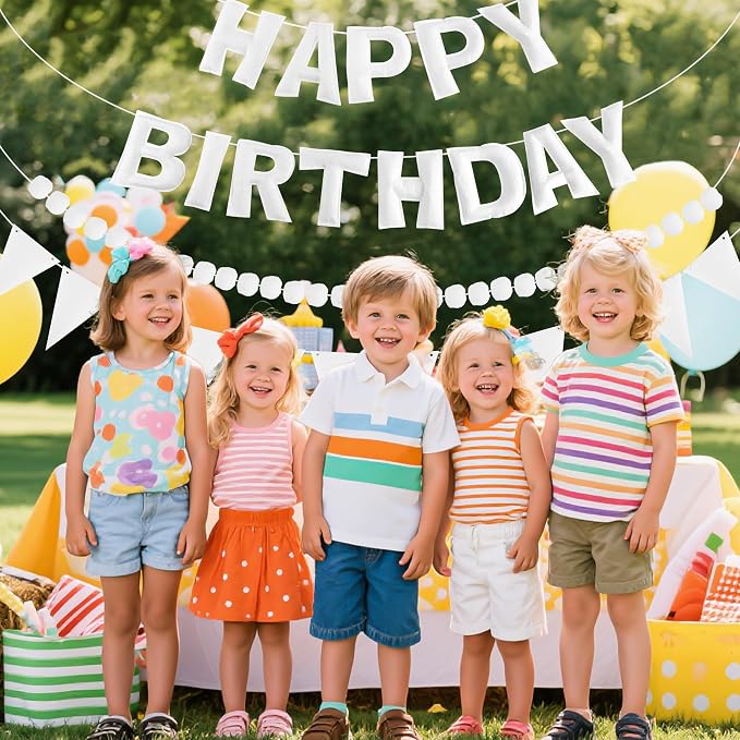 CANREVEL Pre-Strung 3D Rainbow Happy Birthday Banner, 3 PCS Happy Birthday Felt Sign, Pom Pom Garland, Triangle Fabric Bunting, Colorful Reusable Birthday Decorations for Women Men Girls Boys, White