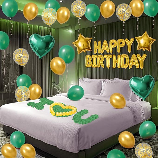 Green Gold Happy Birthday Balloons Decorations Gold Green Birthday Balloon Letters Banner with Star Heart Balloons 1000 Pcs Artificial Rose Petals 24 Flameless LED Candles for Birthday Party Supplies