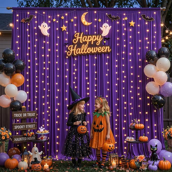 Purple Backdrop Curtains with Lights for Parties,20x10FT Wrinkle Free Wedding Photo Backdrop Curatin Drapes Fabric for Baby Shower Birthday Ceremony Reception Home Party Decorations