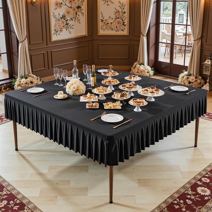 Shillance 60x60 Inch Black Spandex Square Tablecloth,Wrinkle Free Black Fitted Table Cloth for Square Tables,Washable Pleated Table Cover for Wedding Birthday Cocktail Party Buffet Dinner Camping