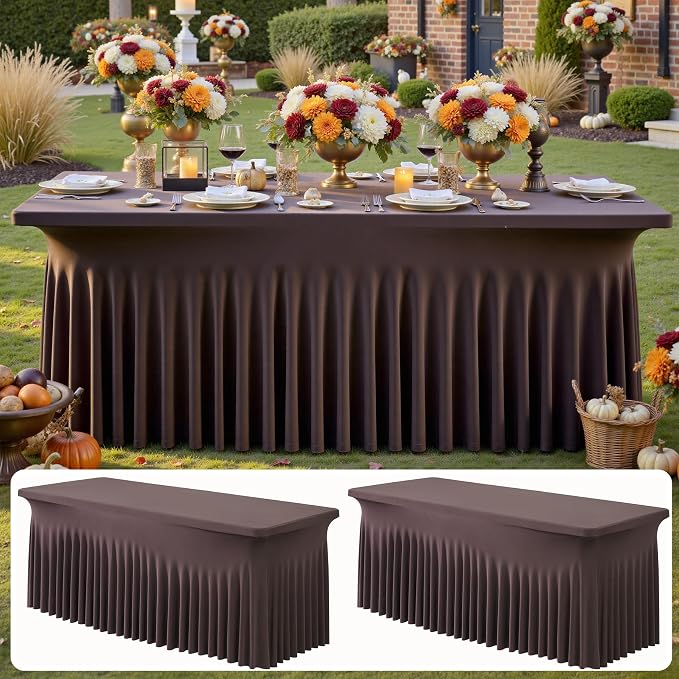 NSSONBEN 2 pk Brown Spandex Tablecloth for 6 Foot Rectangle Tables,Wrinkle Free Fitted Spandex Table Covers 6ft Coffe Stretch Table Cloths with Ruffle Skirt for Parties Weddings Banquet Baby Shower