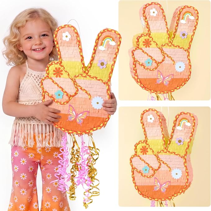 WERNNSAl Funny Groovy Peace Sign Piñata - Yellow Hippie Hand Gesture Piñata for Kids with Blindfold and Bat Retro Hip Hop Birthday Party Supplies Two Groovy Daisy Party Decorations