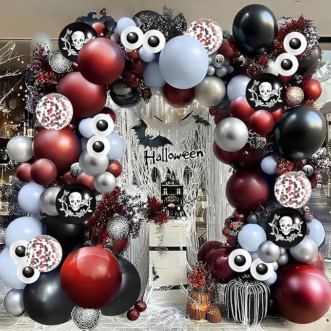 Halloween Balloon Garland Arch Kit, JZCZOEB 133Pcs Double Stuffed Red Black Blue Chrome Silver Balloons for Rose Skull Gothic Spooky Horror Theme Birthday Baby Shower Halloween Party Decorations