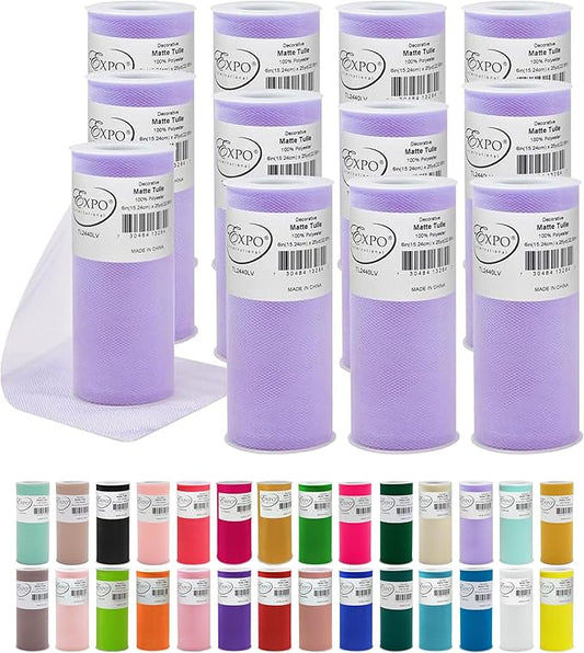 Expo International Decorative Matte Tulle, Lightweight Polyester Tulle Fabric for Tutus, Costumes, and Party Decorations, Washable, Easy-to-Use, 6 Inch x 25 Yards, Lavender, Pack of 12