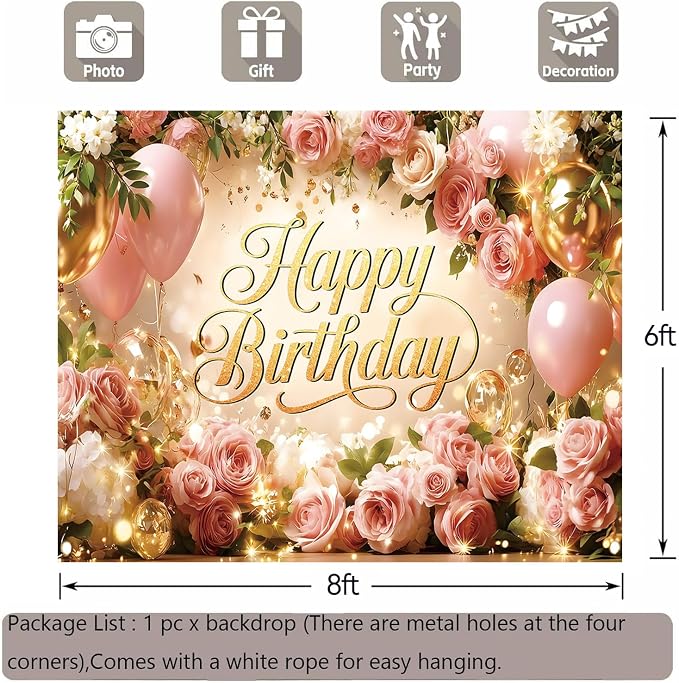 Happy Birthday Backdrop Banner for Women Girls Princess Pink Floral Flower Wall Rose Gold Balloon Party Decorations Photography Background Supplies Decor Fabric Photo Booth Props 8x6ft