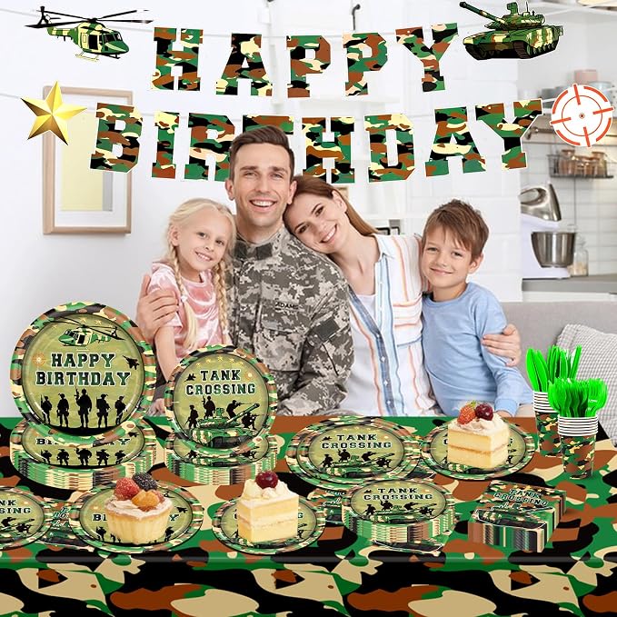 182Pcs Camo Birthday Party Supplies,Army Camouflage Theme Paper Plates Napkins and Tableware Set for Army Military Birthday Decorations,Serves 30