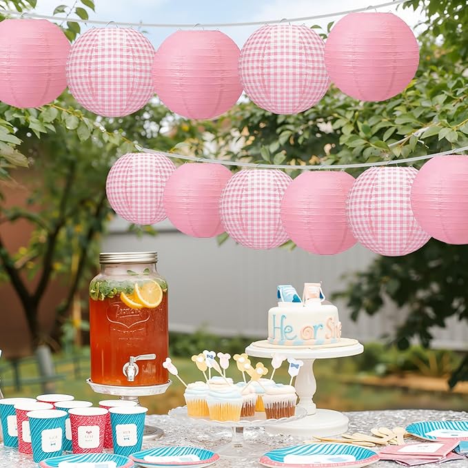 Honoson 12 Pcs Pink Gingham Paper Lanterns Decoration10 Inch White and Pink Checkered Plaid Round Chinese Hanging Lanterns for Baby Girl Shower Wedding Birthday Picnic BBQ Decoration