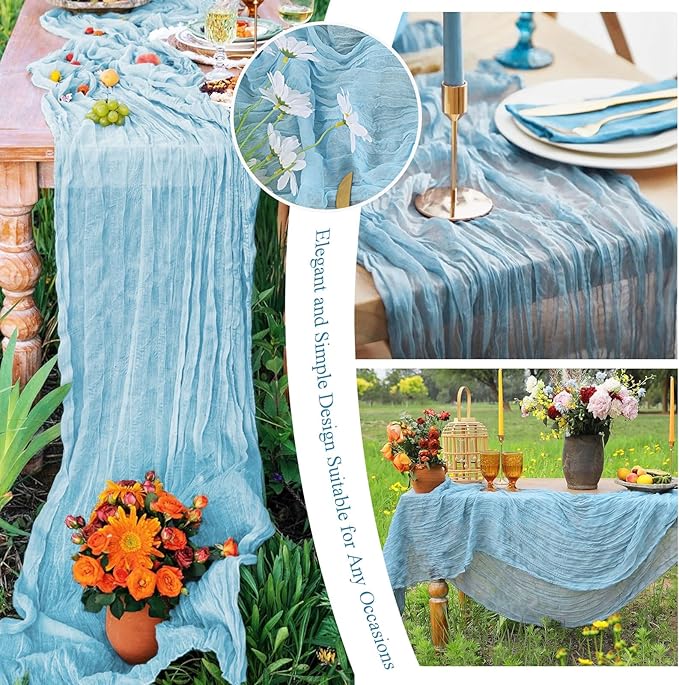 20 Pack Light Blue Cheesecloth Table Runner 10FT Long Boho Gauze Fabric Table Runner Vintage Rustic Sheer Runners for Wedding Party Bridal Baby Shower Table Decorations