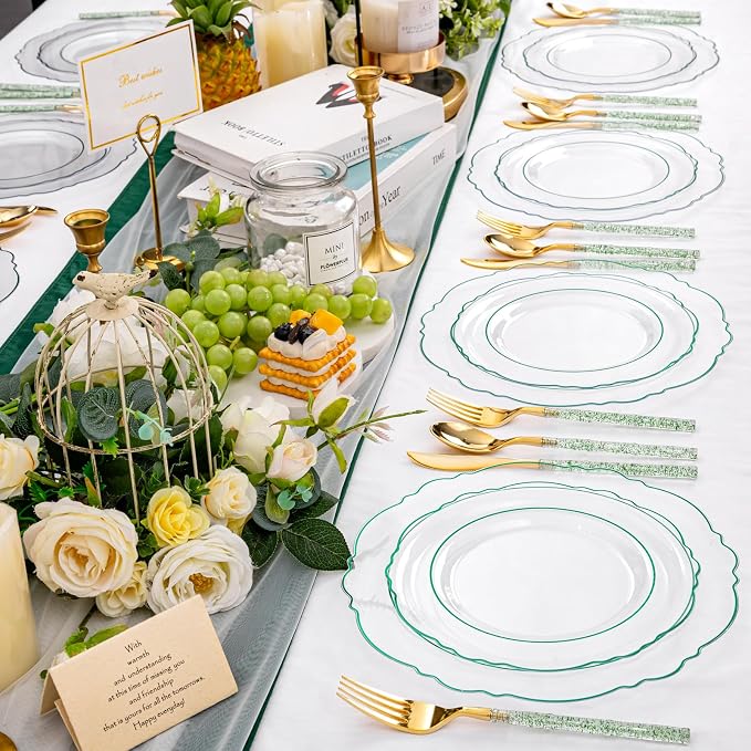 Liacere 150PCS Clear and Green Plastic Plates - Disposable Plates with Glitter Bamboo Handle Cutlery - 60 Baroque Elegant Plates,30Forks,30Spoons,30Knives for Wedding & Party