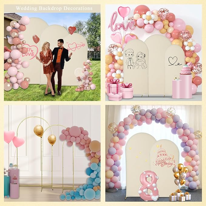 Gawicpy Wedding Arch Backdrop Stand Set Metal Arch Backdrop Stand with Wedding Arch Cover, Wedding Balloon Arch Backdrop Stand for Birthday, Baby Shower, Anniversary (Beige, 5.9FT+6.6FT+7.2FT)