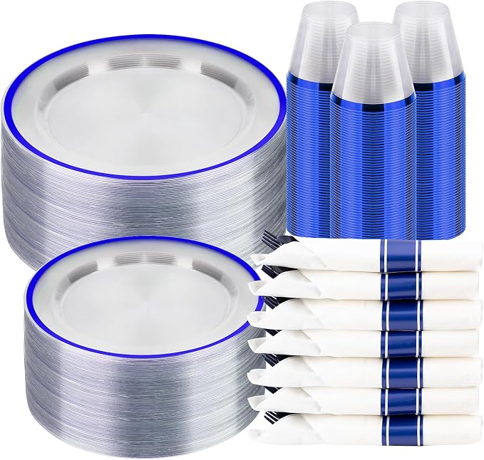 BESTSTAR 350PCS 4th of July Clear and Blue Disposable Plates Set for 50 Guests, 100 Plastic Plates, 50 Cups, 50 Pre-Rolled Napkins with Plastic Cutlery for 4th of July, Graduation Party, Birthday