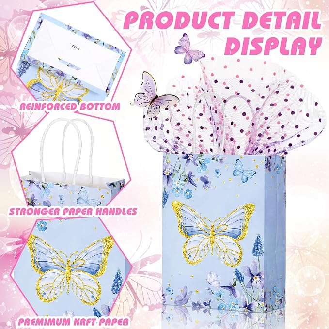 Outus 24 Pcs Summer Butterfly Party Favors Bags Butterfly Goodie Gift Paper Bags with Handles Purple Blue Pink Thank You Candy Treat Pouch for Wedding Baby Shower Birthday Party Decoration Supplies