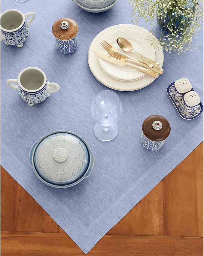 Solino Home Linen Cloth Tablecloth 52 x 52 Inch - 100% Pure Linen Chambray Blue Square Tablecloth - Athena, Machine Washable Table Throw for Summer