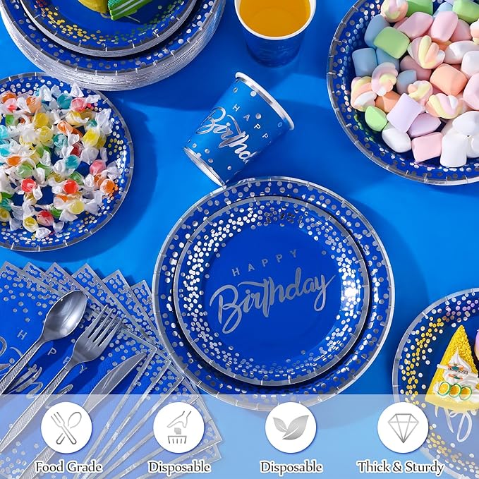 352 Pcs Blue and Silver Birthday Party Tableware Set for 50 Guests Silver Dot Paper Plates Cups Napkins Plastic Tablecloths Forks Knives Spoons Blue Party Supplies for Birthday Wedding Decorations