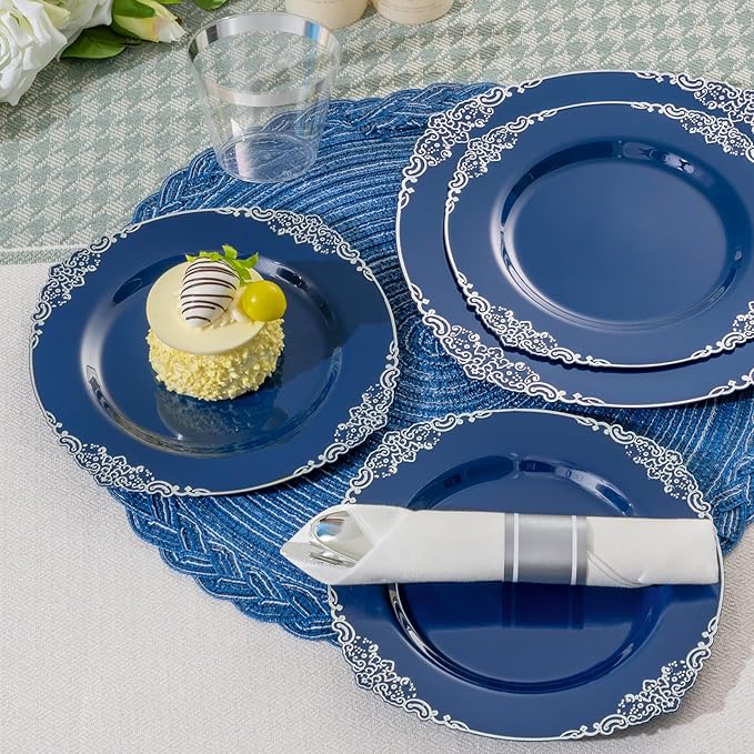 Bestluck 175PCS Navy Blue Plates for 25 Guests, Disposable Dinnerware Sets Include 50 Plastic Plates, 25 Silverwares, 25 Cups, and 25 Pre Rolled Napkins for Party, Wedding and Graduation