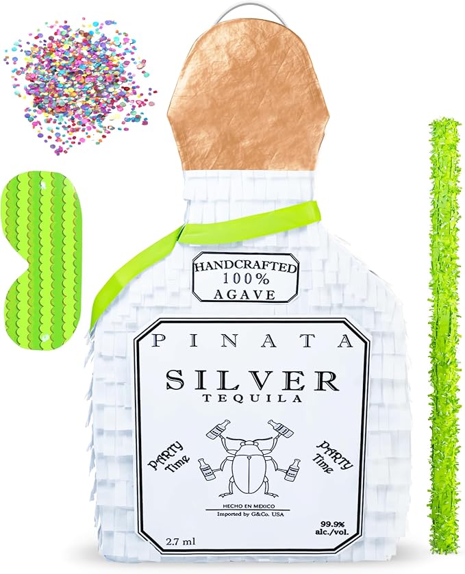 Jergrim White Tequila Bottle Piñata 4-piece set, 16x11x3 inches, Perfect for Party Decorations, Photo Prop, Cinco de Mayp, Birthday, Funny Anniversary, 21 birthday - Fits candy/favors