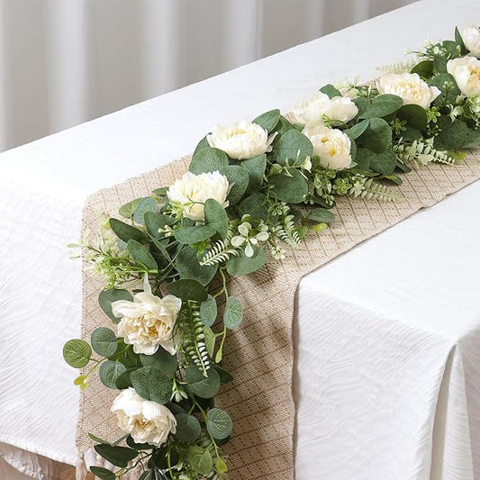 DEMIUKO 2PCS 6.56Ft Artificial Eucalyptus Flower Garland Fake Peony Flower Vine Faux Eucalyptus Leaves Greenery Garlands Spring Garland for Wedding Party Centerpiece Arch Table Runner Backdrop Decor