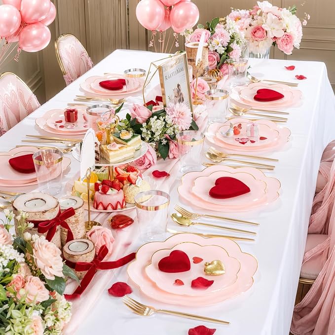ejonirinjonir EI 180pcs Pink Plastic Plates with Gold Plastic Silverware,Party Plates Disposable,Pink Dinnerware Set for Afternoon Tea,Wedding,Birthday,Easter,Spring,Mother's Day,Valentine's Day