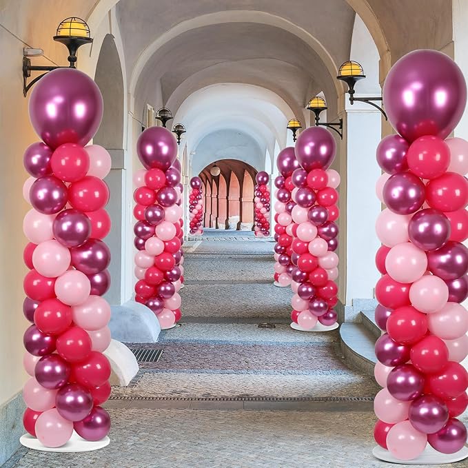2 Sets Pink Balloon Column Stand Kit with 100 Balloons Adjustable Balloon Tower Stand with Bases for Floor Hot Pink Column for Girls Graduation Mother's Day Birthday Wedding Spring Party Decor