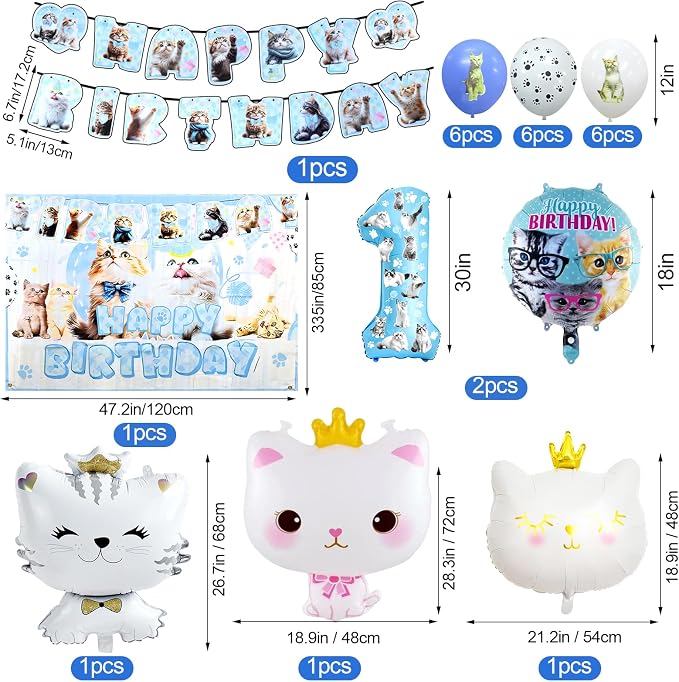 142Pcs Cat Birthday Decorations,Cat 1st Birthday Party Supplies, Cat Birthday Party Decorations Include Plates Cups Napkins Tablecloth Balloons Cake Toppers for 10 Guests