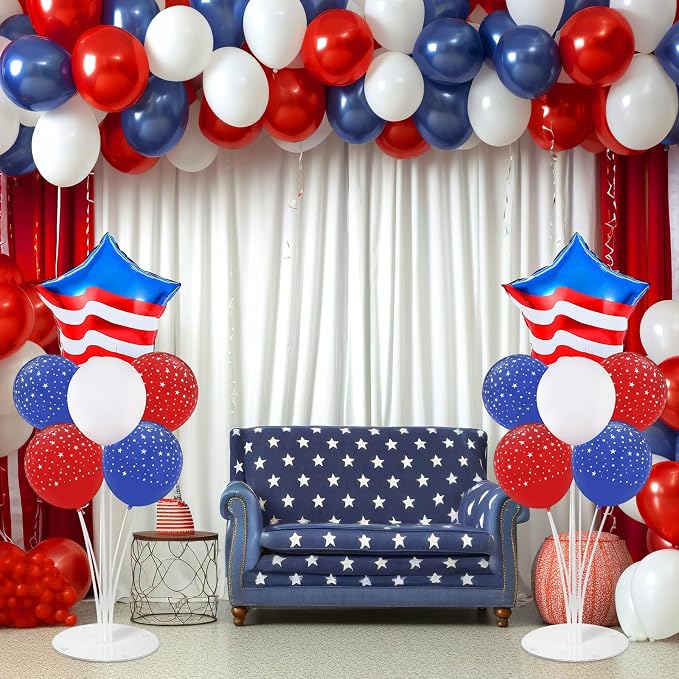 4th of July Balloons Stand Kit 2 Sets with 2 America Flag Star Foil Balloon Patriotic Red White and Blue Party Balloon Centerpiece for Tables for 250th Anniversary Independence Day Party Decorations