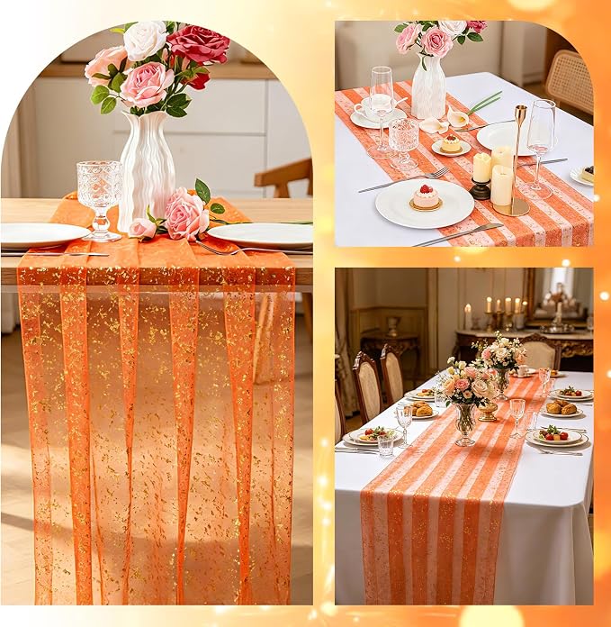 BINBE 1PCS Orange Table Runner 10Ft Sheer Chiffon Fabric Cheesecloth Sequin Glitter Table Runner for Wedding Birthday Party Decor