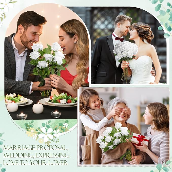 Hotop 20 Pcs Artificial Rose Flowers with Long Stem, Real Lifelike Silk Realistic Plastic Bouquet Roses Bulk for Home Decor Bridal Wedding Party Table Centerpieces Decorations(Pure White)