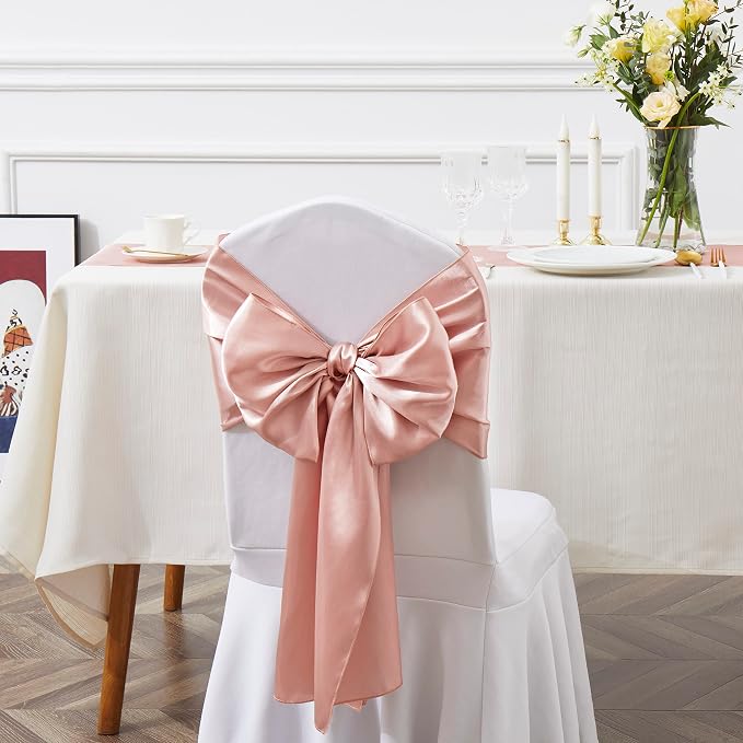 50 Pcs Rose Gold Satin Chair Sashes Bows Universal Chair Cover for Wedding Reception Events Banquets Party, Hotel Event Decorations, 6 x 108 inch