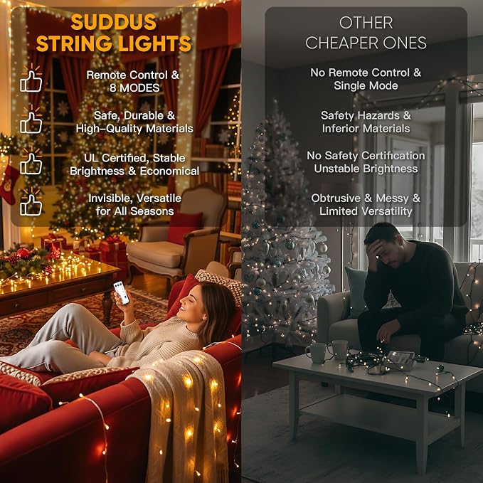 suddus Christmas Lights Outdoor, 66 ft 200 LED Plug in Warm White Fairy String Lights with Remote, Twinkle Lights for Bedroom Indoor Xmas Tree Dorm Wedding Backyard Party Outdoor Decorations