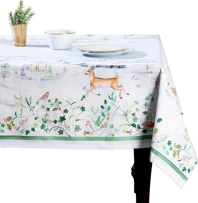 Maison d' Hermine Table Cloth Rectangle Table 100% Cotton 70 x 140 Inches Fall Tablecloth Reusable Everyday Use for Thanksgiving Christmas Decorations Dining Farmhouse Party (Snowy World)