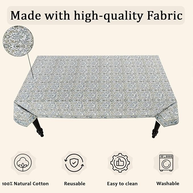 Ridhi Indigo Hand Block Print Cotton Rectangle Tablecloth 60" x 60" inches Reusable Table Cover Decorative Everyday Use for Dining Room, Farmhouse, Home Gift for Spring, Mother's Day